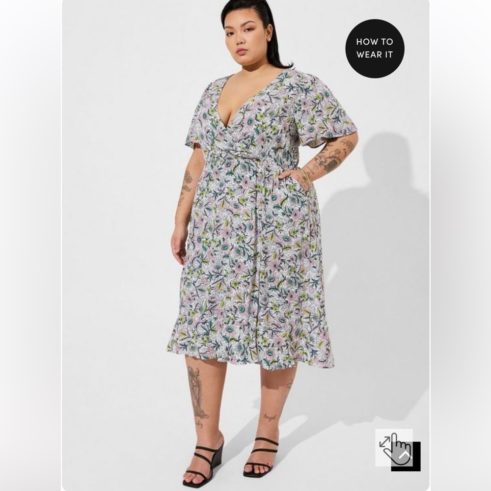 Torrid Midi Swiss dot flutter sleeve drawstring chest dress, NWT